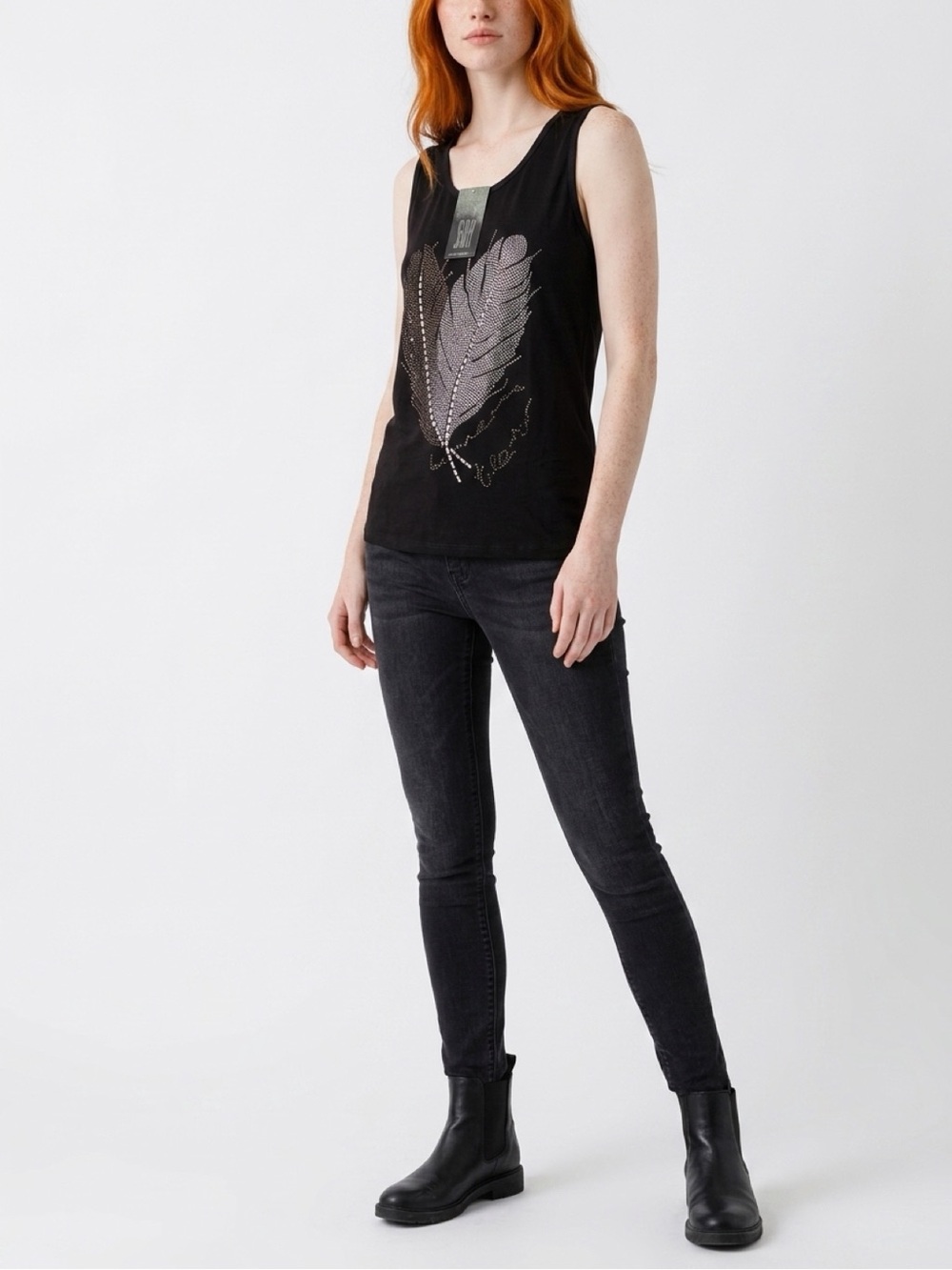 SHINY NWT Black Sleeveless Feather Tank with Rhinestone Detail